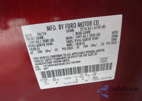 2014 Ford Explorer Xlt из США, поврежденный, VIN 1FM5K8D82EGC19390